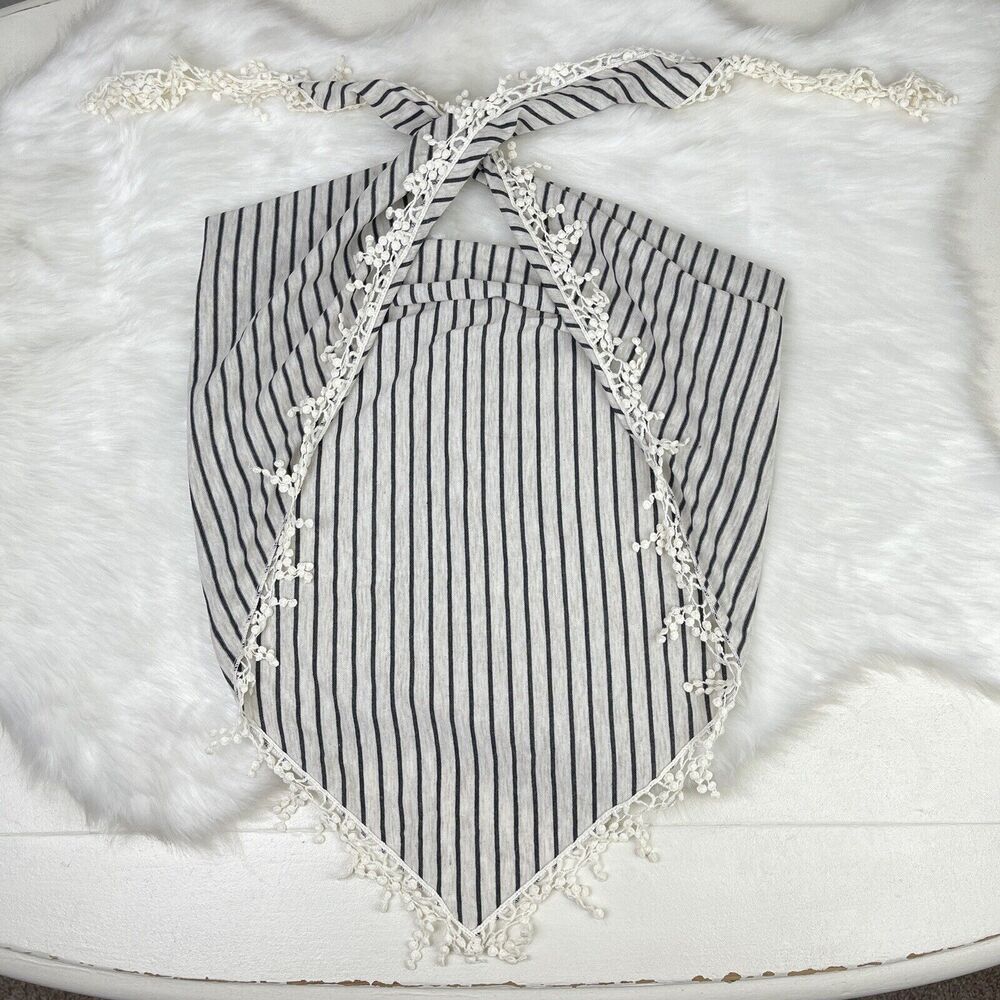 ⚓️ NWOT Oatmeal Black Striped Triangle Bandanna Scarf Lace Fringe Forever 21 OS - Picture 8 of 16